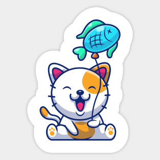 Cute Cat Playing Fish Balloon Cartoon Sticker